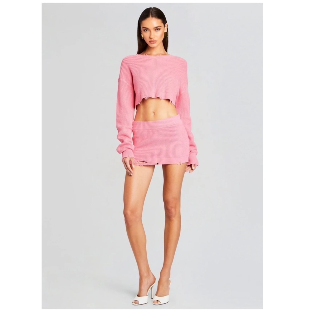 SER.O.YA x Retrofete Shredded Punk Grunge Knit Mini Skirt Bubble Gum Pink | XS